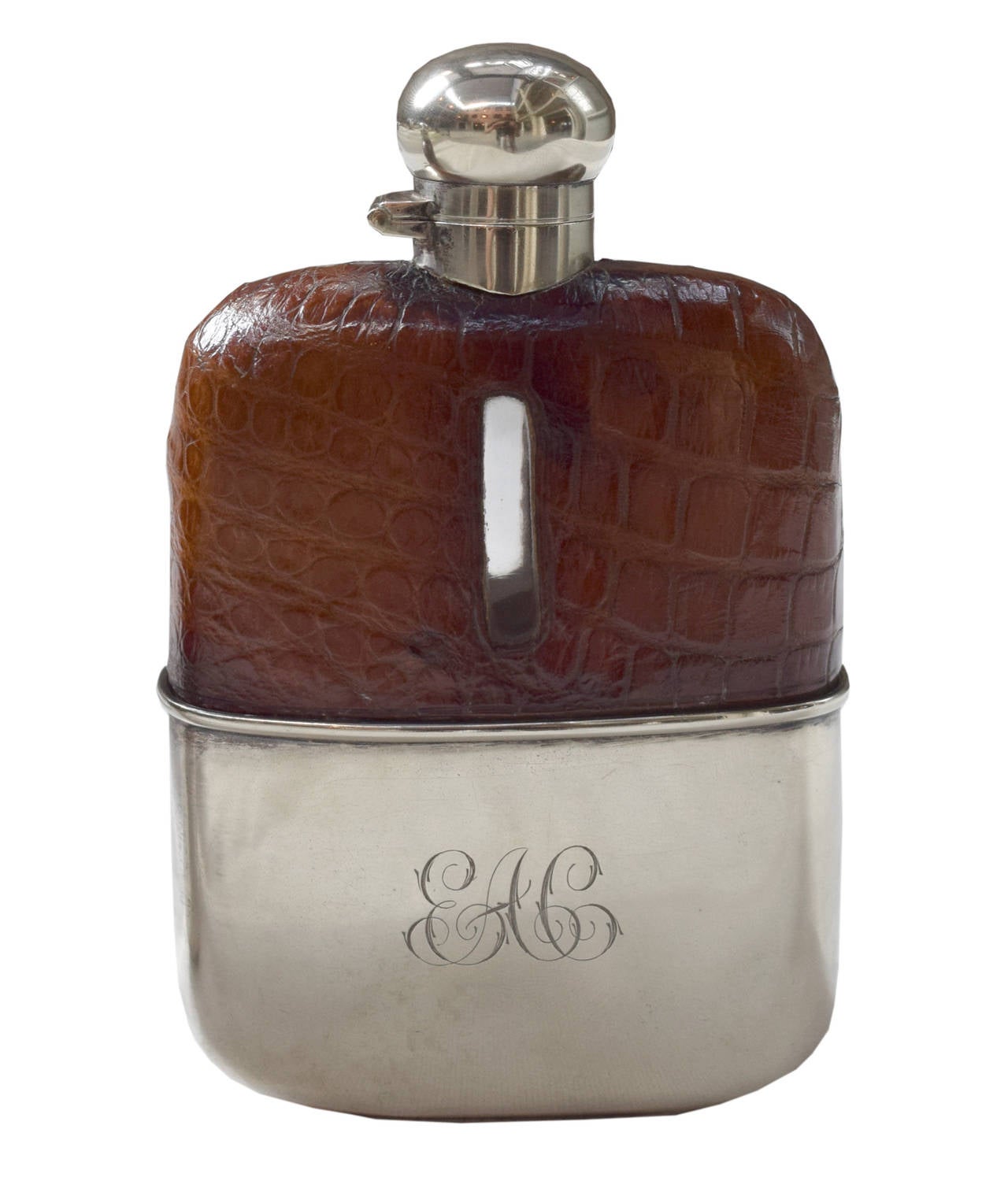 Set of Three Vintage Silver and Stamped Leather Hip Flasks For Sale at