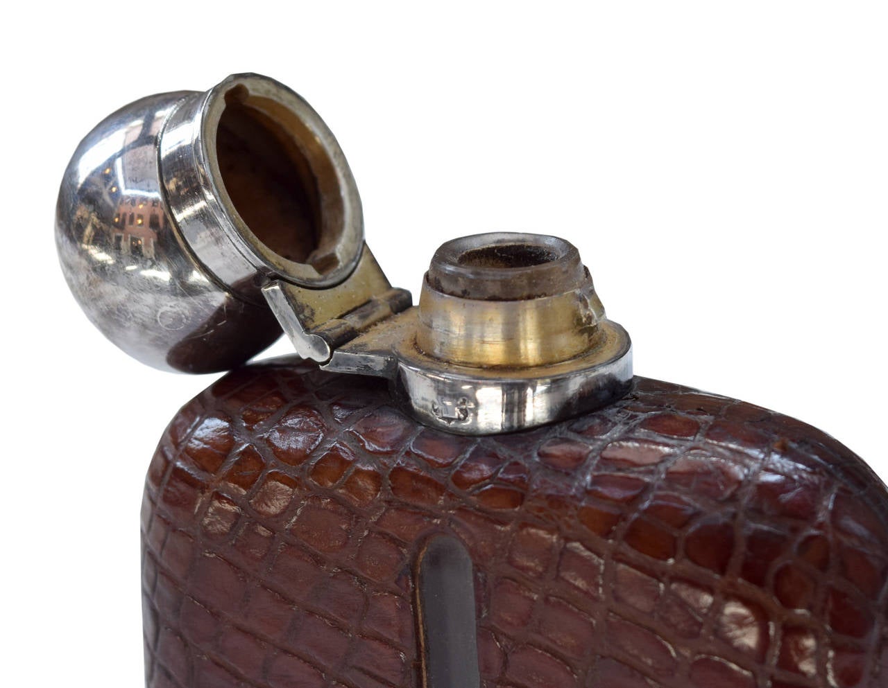 Alligator and Silver Plate Flask In Excellent Condition In Chicago, IL