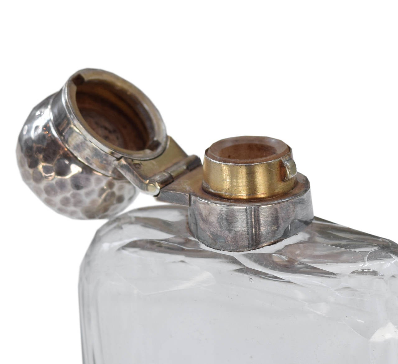 James Dixon & Sons Hammered Sterling and Crystal Flask In Excellent Condition In Chicago, IL