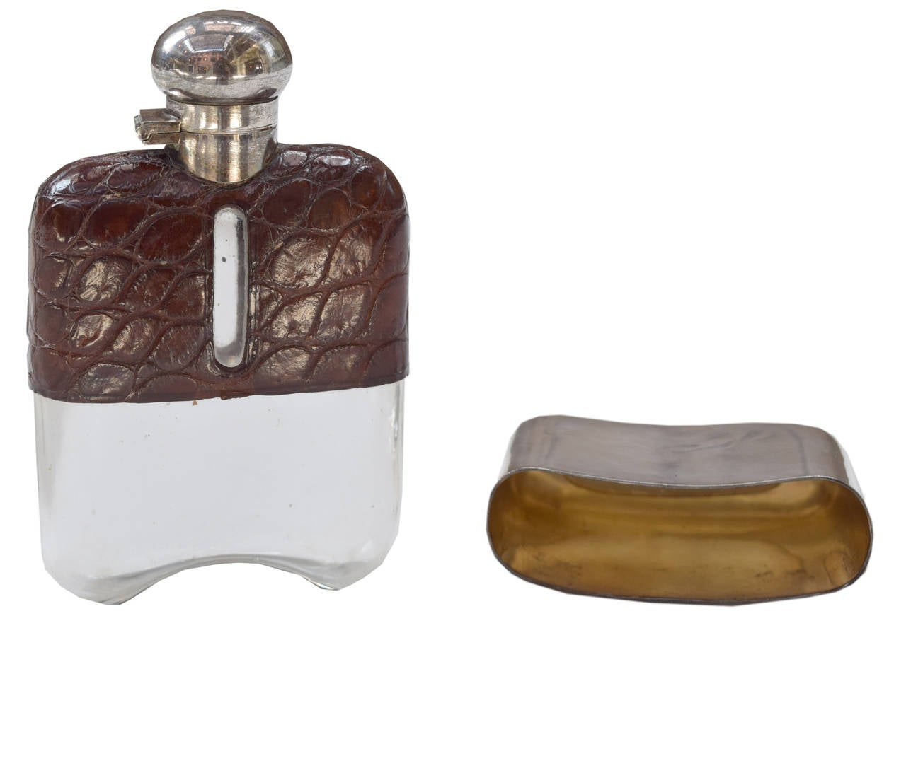 19th Century Stamped Leather and Silver Hip Flask