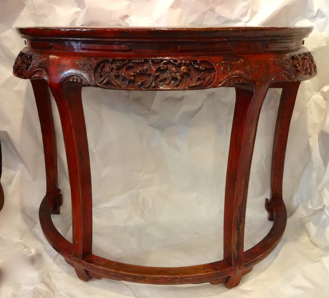 Pair of Chinese Red Lacquer Demilune Tables