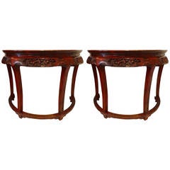 Pair of Chinese Red Lacquer Demilune Tables
