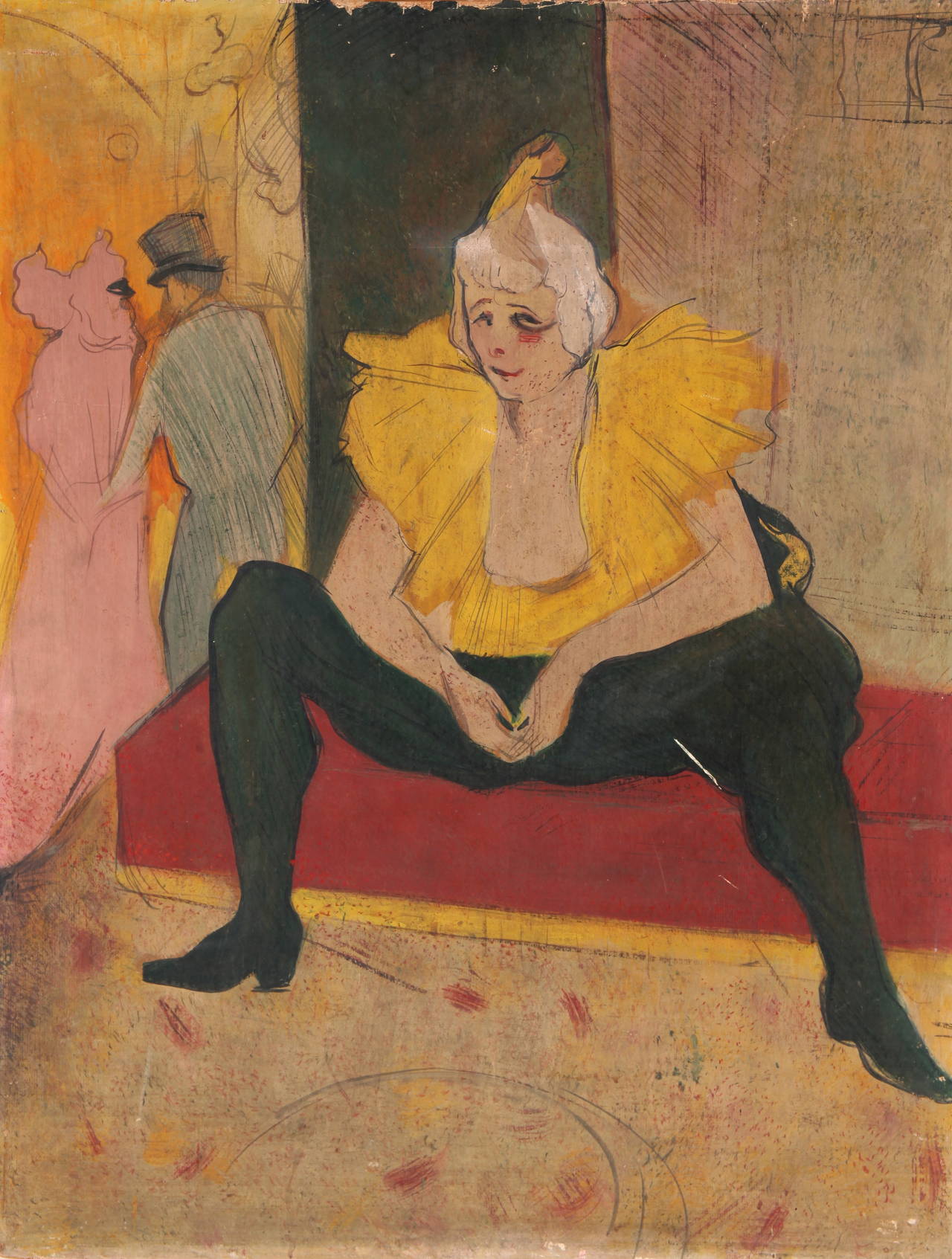 Henri de Toulouse-Lautrec: The Seated Clowness (Mademoiselle Cha-U-Kao) 1896.  Famous French entertainer who performed at the Moulin Rouge in the 1890's. This is the most important painting from the series by Lautrec. Cha-u-Kao soon became one of
