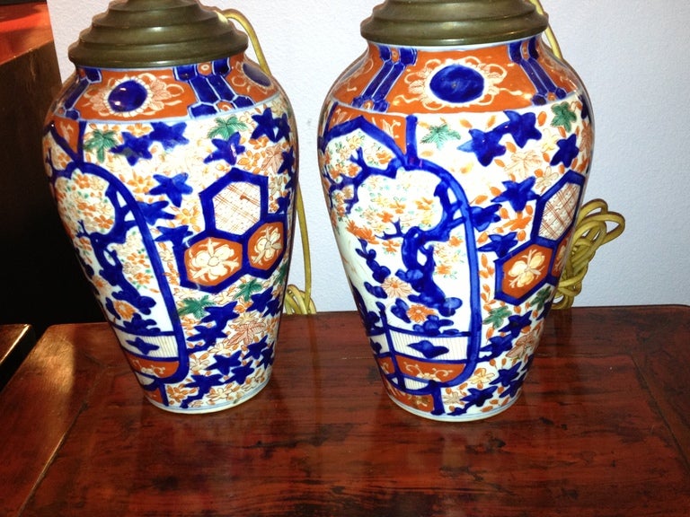 Pair of Japanese Mid 19th Century Imari Vases/Lamps In Excellent Condition In Sarasota, FL