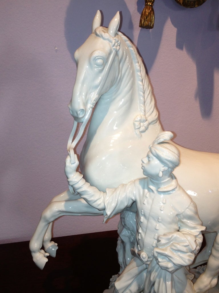 German Meissen Blanc De Chine Horse & Attendant Statue
