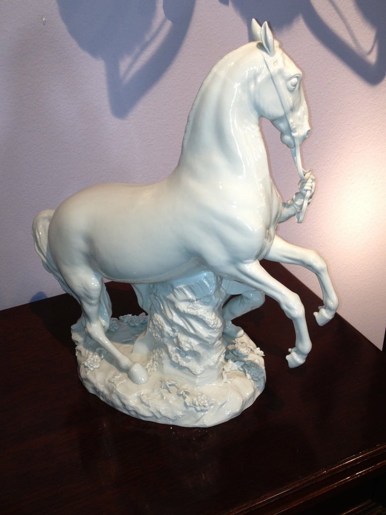 19th Century Meissen Blanc De Chine Horse & Attendant Statue