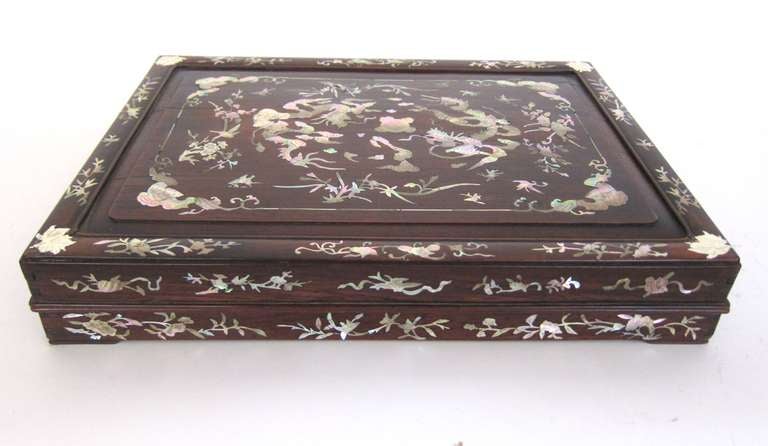 Chinese Mother-of-Pearl Inlay Box W Dragon and Bat Design In Excellent Condition In Sarasota, FL