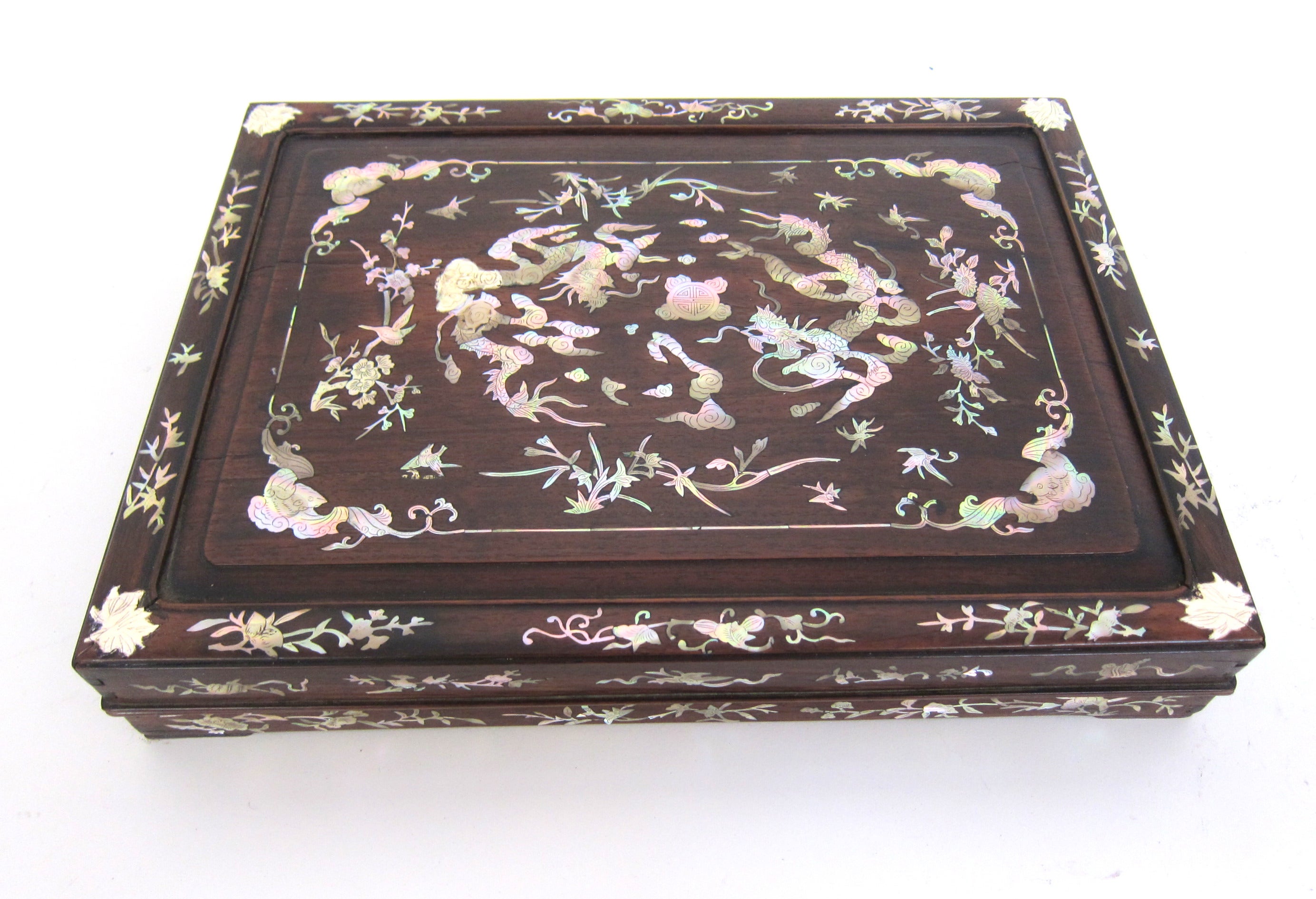 Chinese Mother-of-Pearl Inlay Box W Dragon and Bat Design