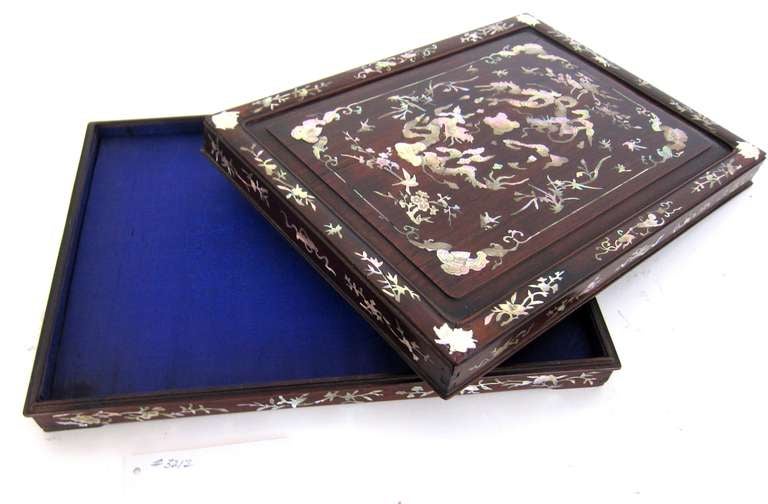 Wood Chinese Mother-of-Pearl Inlay Box W Dragon and Bat Design