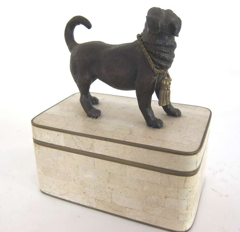 Bronze Pug atop a Stone Box In Excellent Condition In Sarasota, FL