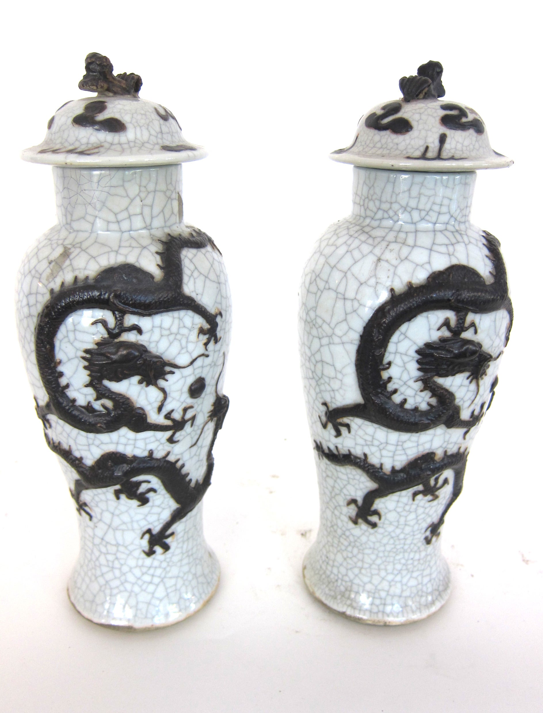 Pair of Qing Dyansty Chinese Crackle Glazed Dragon Vases with Lids