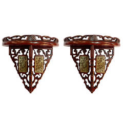 Pair of Chinese Rosewood and Jade Brackets