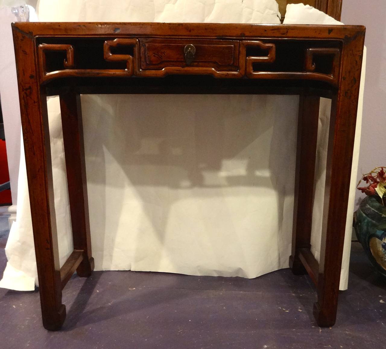 A small Chinese cypress wood altar table with one drawer, beautiful patina, Guangxu Period.