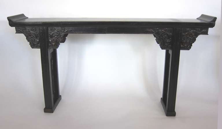 Carved Black Lacquer Chinese Altar Table In Excellent Condition In Sarasota, FL
