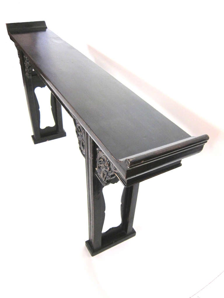 19th Century Carved Black Lacquer Chinese Altar Table