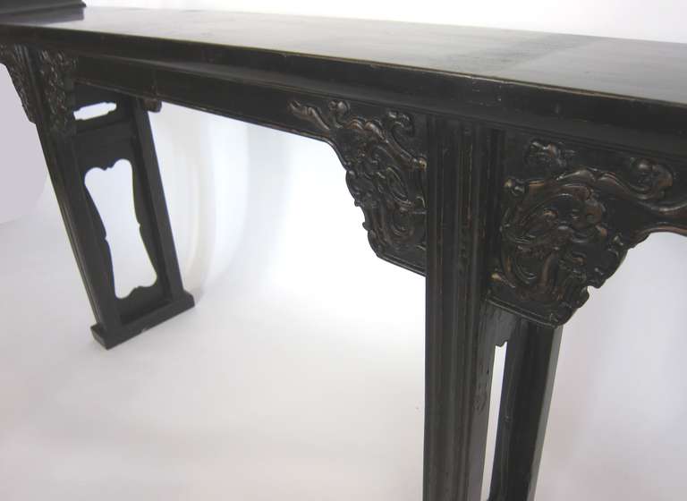 Elm Carved Black Lacquer Chinese Altar Table