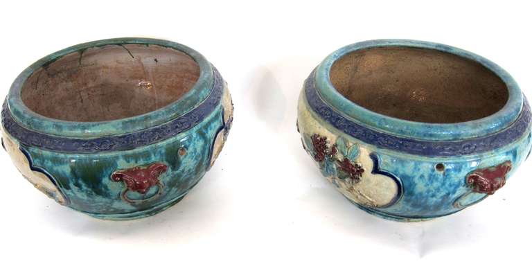 Ceramic Pair of Chinese Planters with Floral Designs