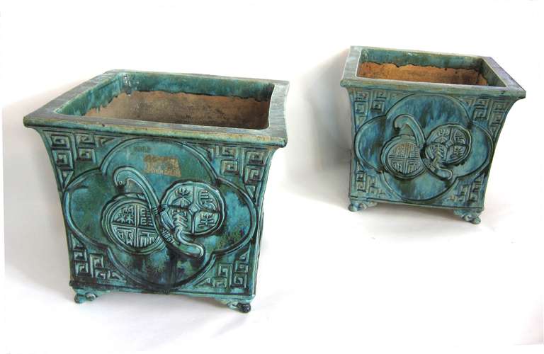Glazed Pair of 19th Century Chinese Turquoise / Green Planters