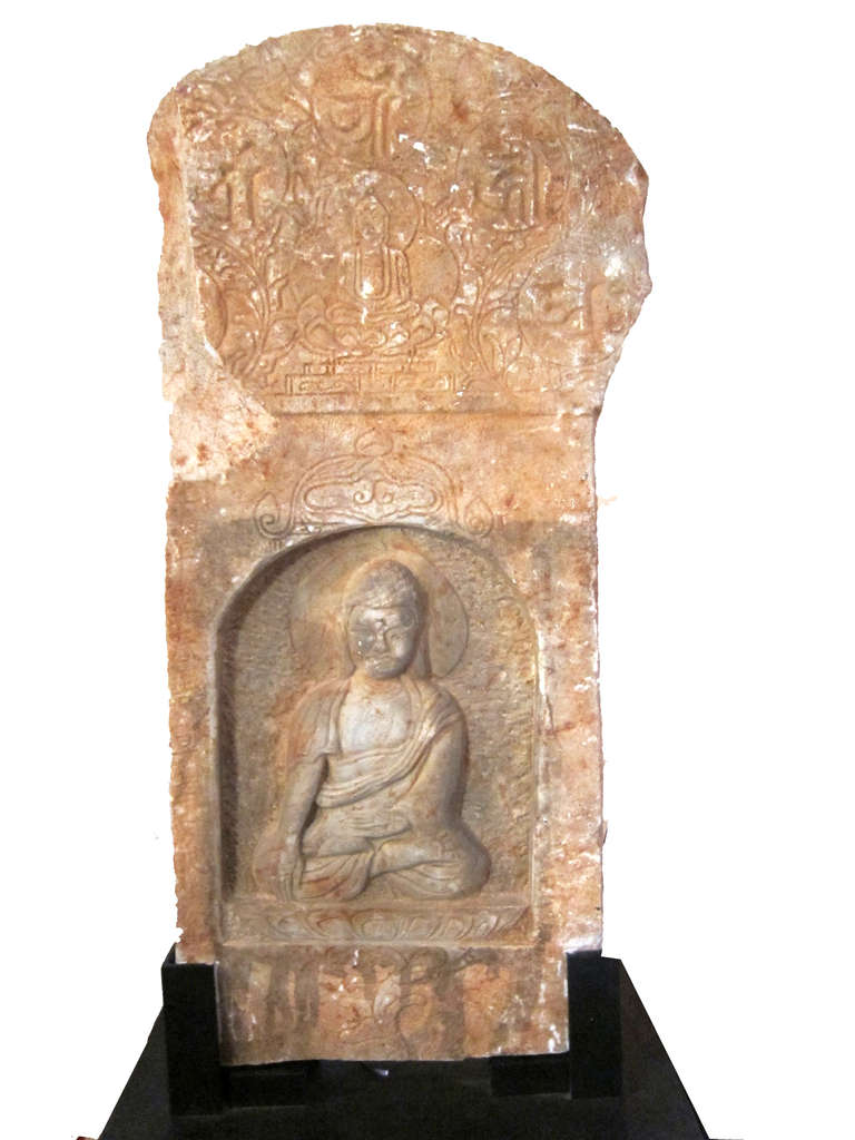 Beautifully carved low relief of a seated Buddha on a stone tablet. Carved Buddhist mantra on the revised side. Early Ming Dynasty. STONE CARVING ONLY 15 1/2