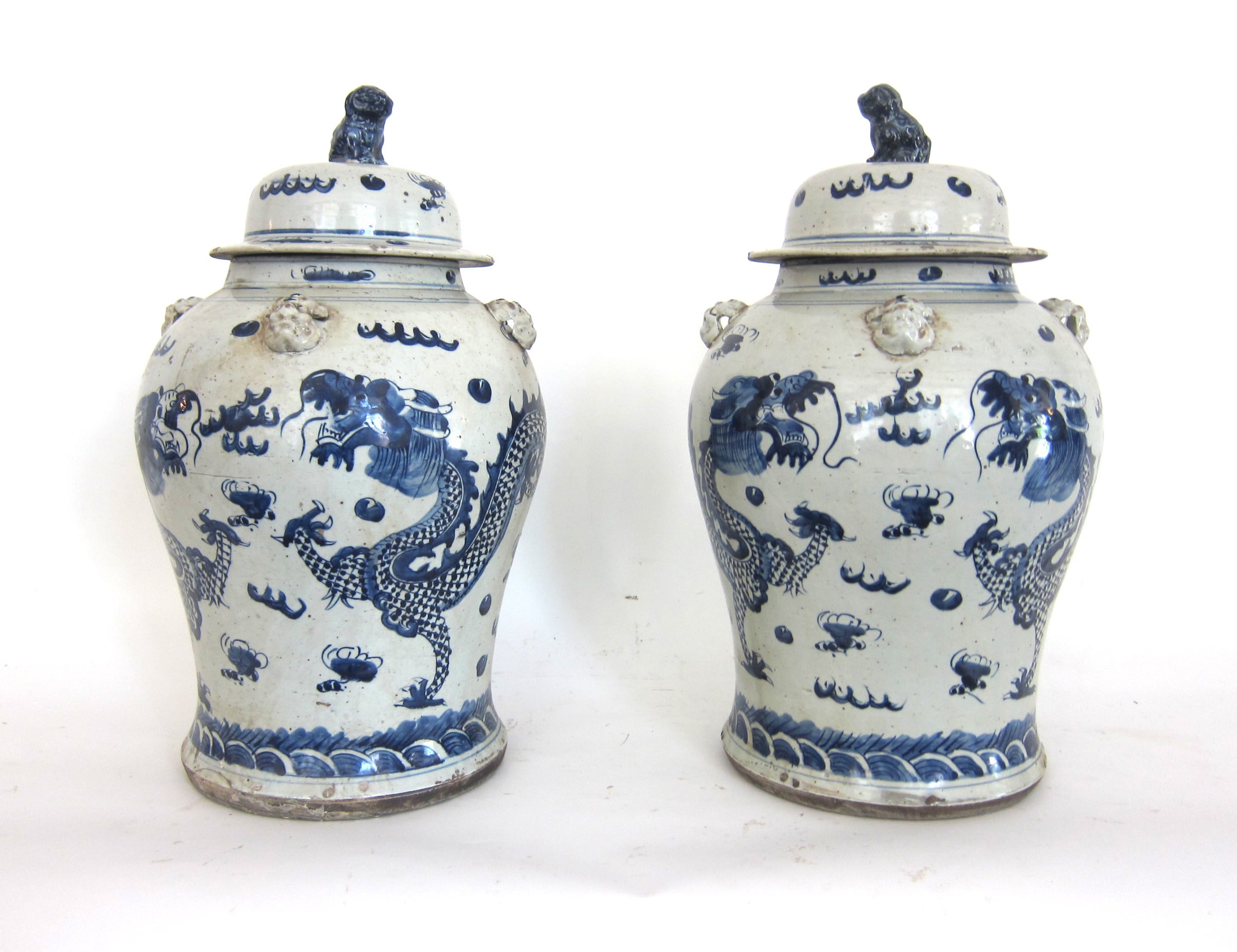 Pair of 19th Century Chinese Blue and White Dragon Jars with Lids
