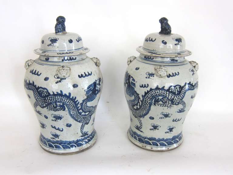 Ceramic Pair of 19th Century Chinese Blue and White Dragon Jars with Lids