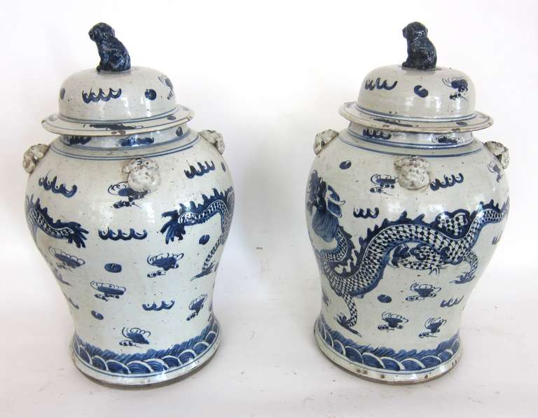 Pair of 19th Century Chinese Blue and White Dragon Jars with Lids 1