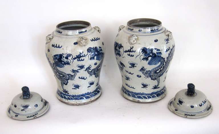 Pair of 19th Century Chinese Blue and White Dragon Jars with Lids 2