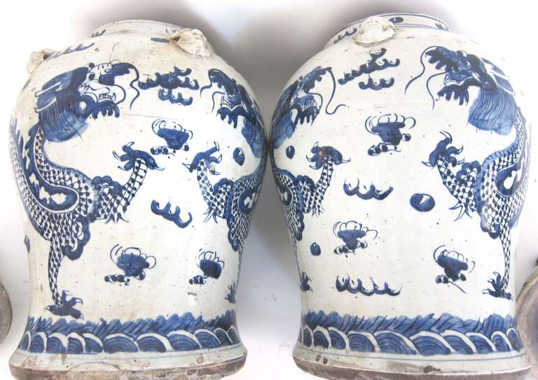 Pair of 19th Century Chinese Blue and White Dragon Jars with Lids 3