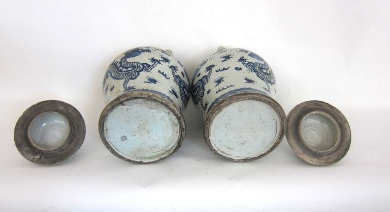 Pair of 19th Century Chinese Blue and White Dragon Jars with Lids 5