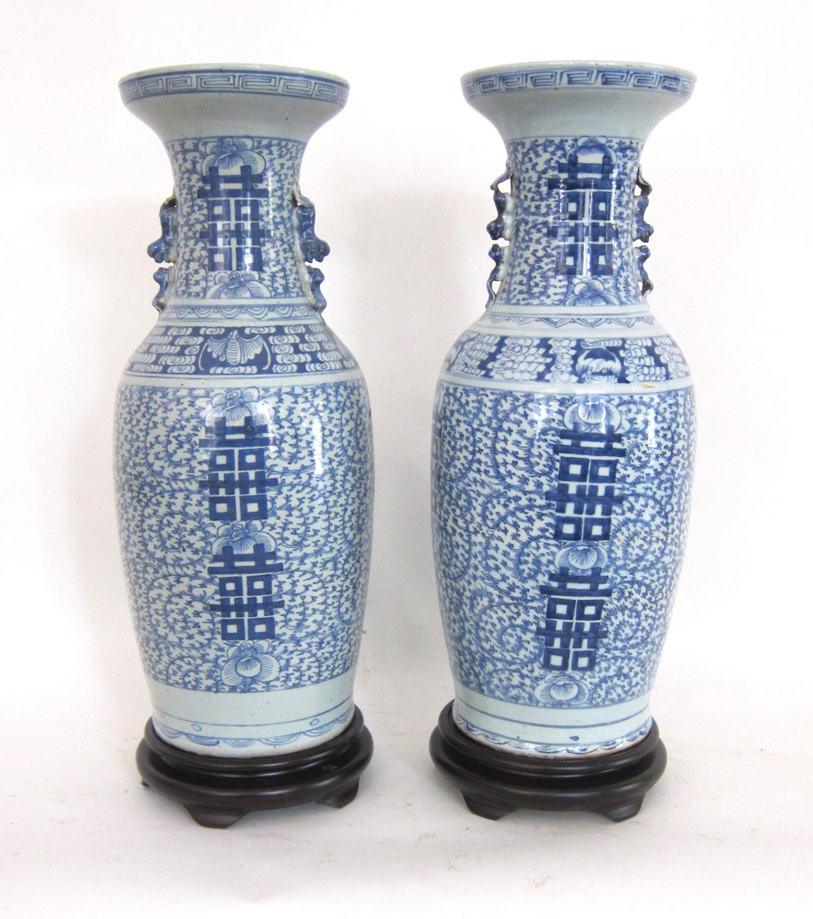 A Large Pair of Chinese Blue and White Vases with the Double Happiness Symbol