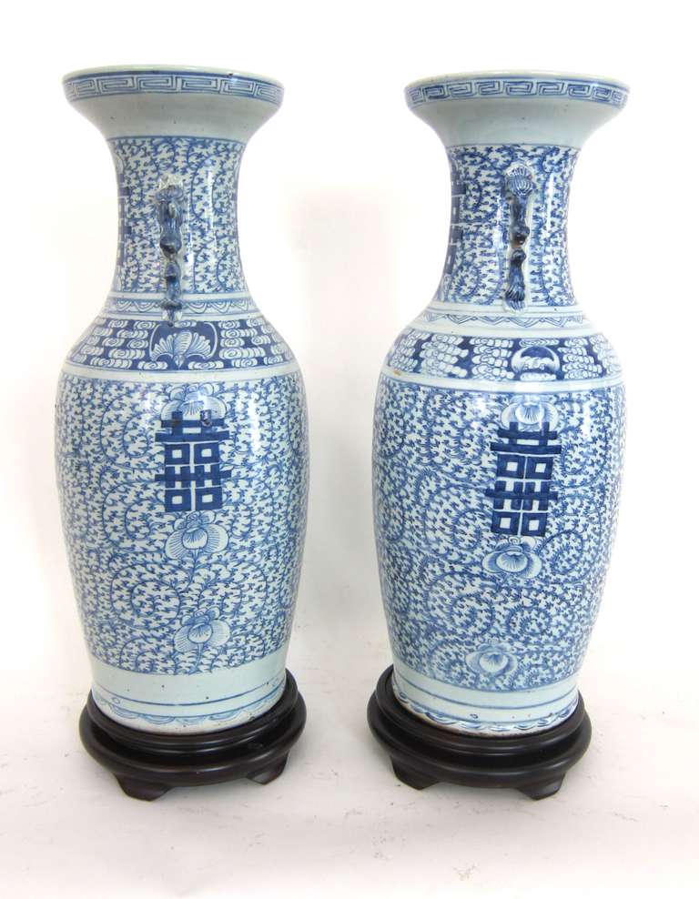 A Large Pair of Chinese Blue and White Vases with the Double Happiness Symbol In Excellent Condition In Sarasota, FL