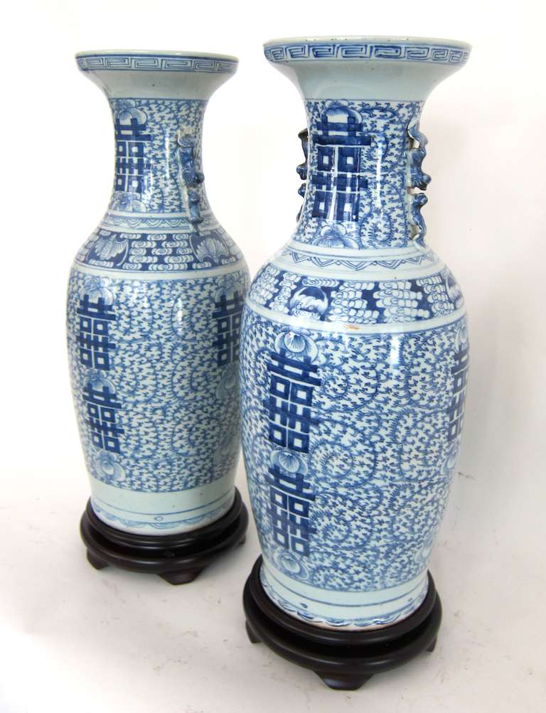 19th Century A Large Pair of Chinese Blue and White Vases with the Double Happiness Symbol