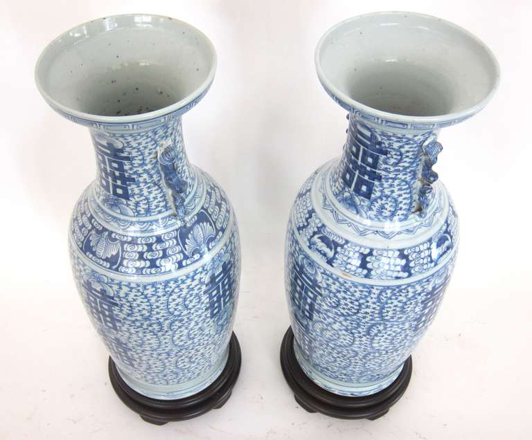 A Large Pair of Chinese Blue and White Vases with the Double Happiness Symbol 2