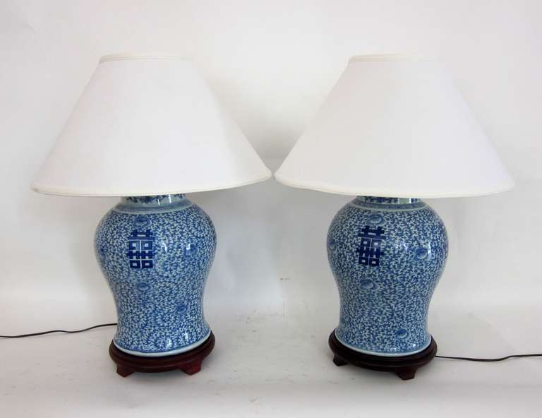 Chinese A Tall  Pair of Blue and White Double Happiness Porcelain Lamps