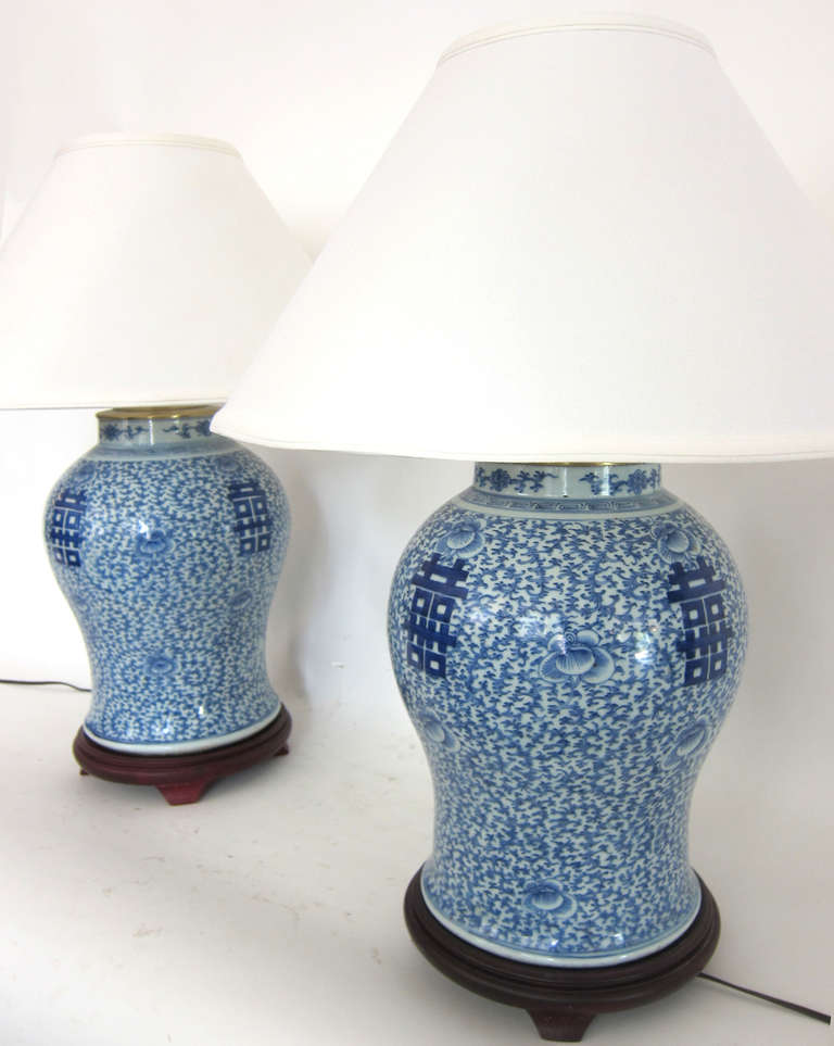 A Tall  Pair of Blue and White Double Happiness Porcelain Lamps In Excellent Condition In Sarasota, FL
