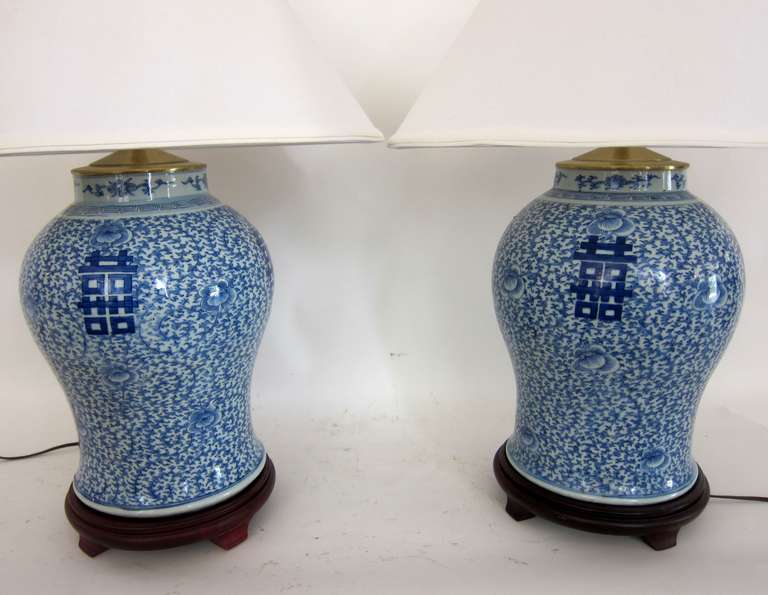 19th Century A Tall  Pair of Blue and White Double Happiness Porcelain Lamps
