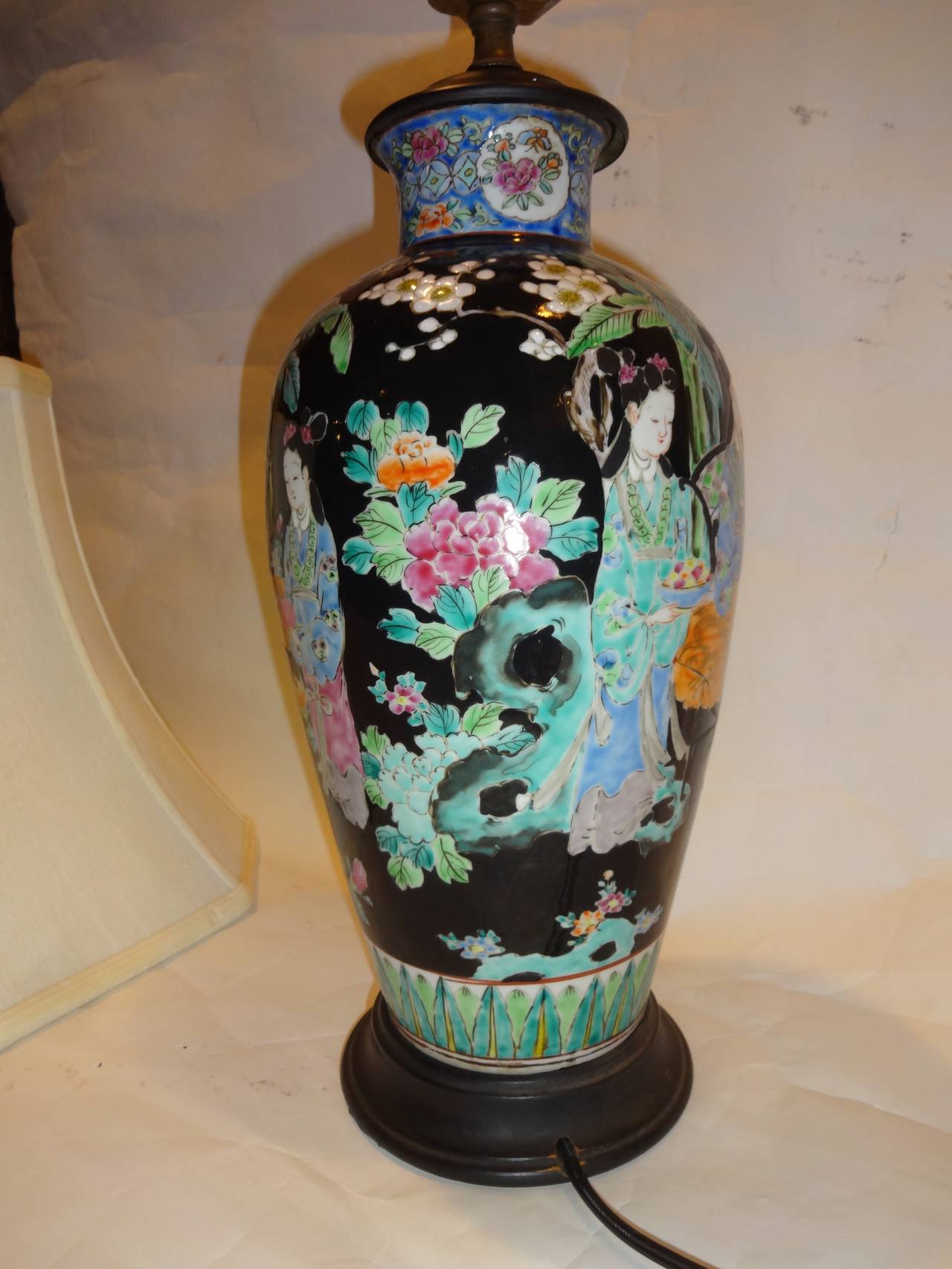 Hand-Painted Pair of Chinese Famille Noire Lamps