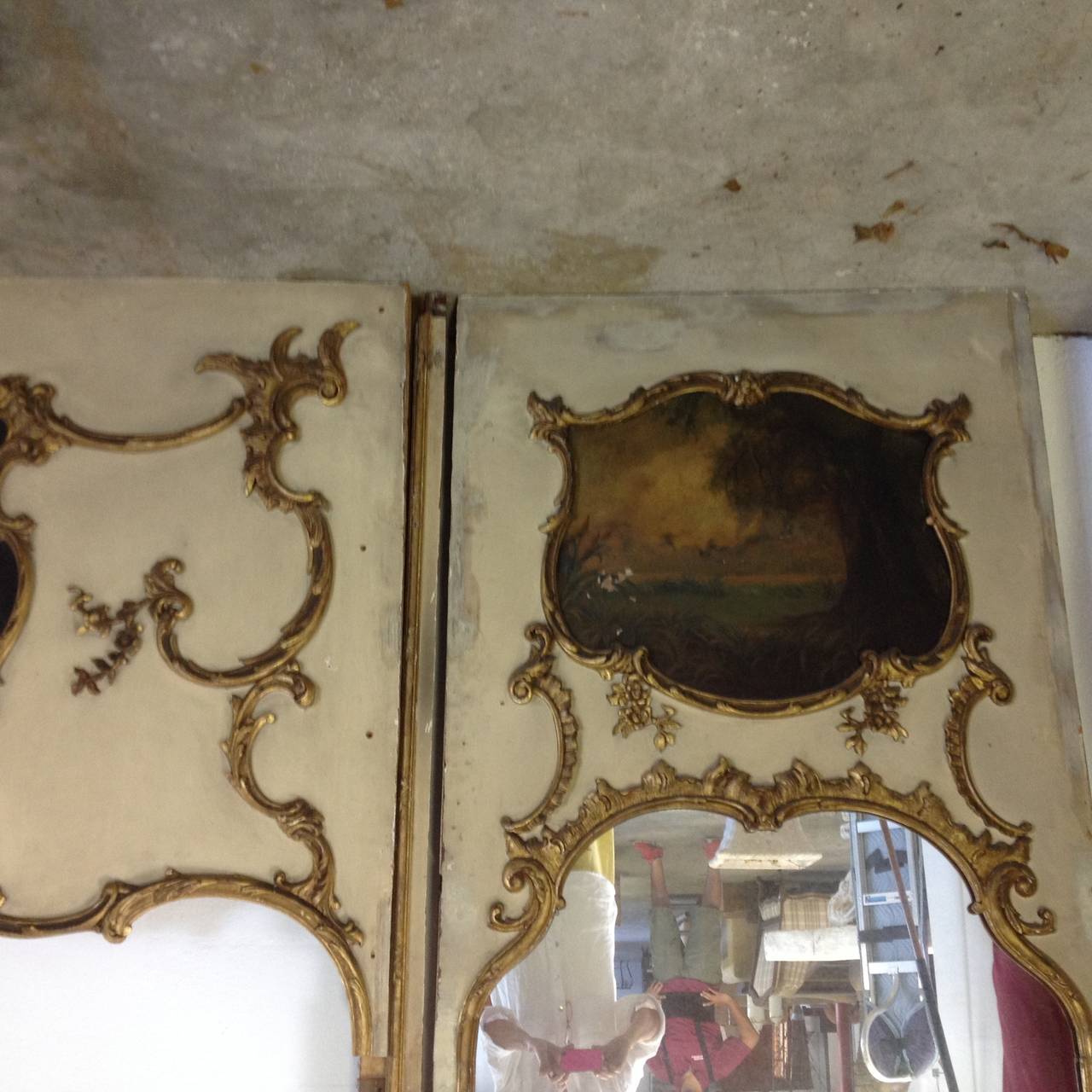19th Century Very Tall French Trumeau Three Piece Wall Mirror Panel With Sconces For Sale