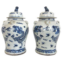 Antique Pair of 19th Century Chinese Blue and White Dragon Jars with Lids