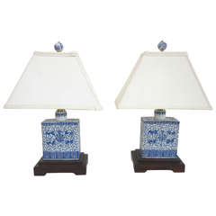 A Pair of Blue and White Chinese Tea Container Lamps