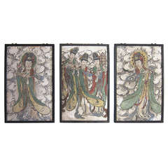 A Very Important Ming Dynasty Chinese Fresco Tryptic Paintings