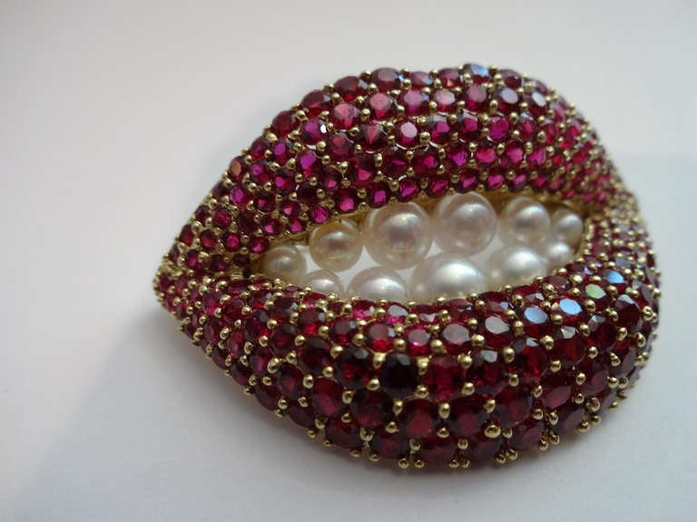 American Dali Rubies & Pearls Lips Brooch / Pin