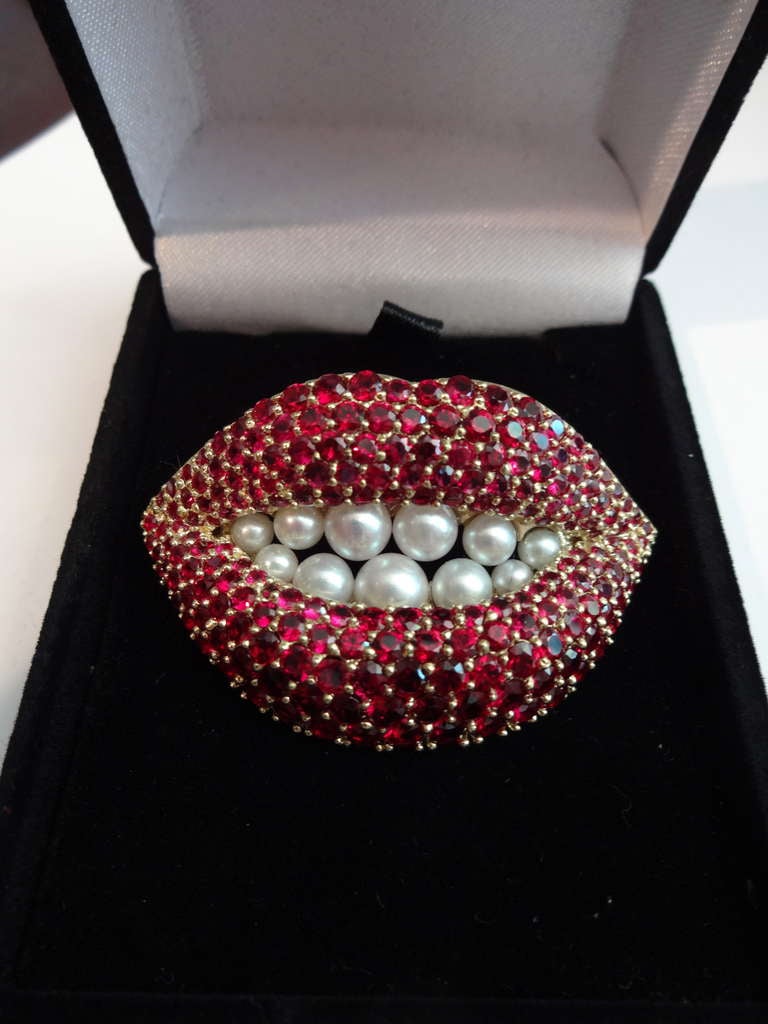 American Craftsman Dali Rubies & Pearls Lips Brooch / Pin