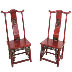 Antique Pair of Carved Chinese Red Lacquered Chairs