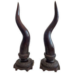 Pair of Bronze Tusks Statues on Stands