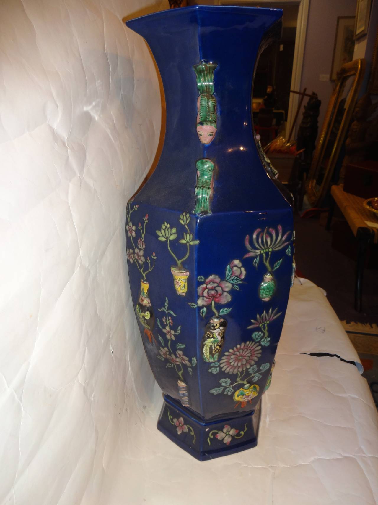 Ceramic Pair of Chinese Qianlong marked Blue Vases