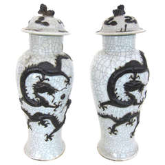 Pair of Qing Dyansty Chinese Crackle Glazed Dragon Vases with Lids
