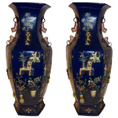 Antique Pair of Chinese Qianlong marked Blue Vases