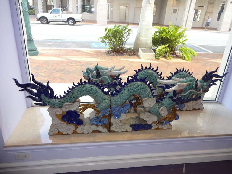 Pair Of Dragon Roof Tiles Statues In Excellent Condition In Sarasota, FL