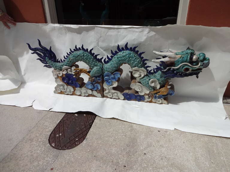 This pair of Dragon ROOF TILES are in 2 parts each. hand leaded glaze (this is why the colors are so wonderful.....from the Shi Wan Kiln at the Yuhua Company in Guangzhou, China During WWII the kiln was closed and all the items left inside..several